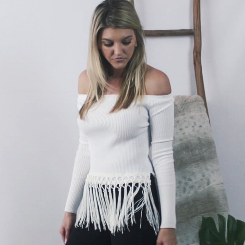 Line & Dot White Off the Shoulder Fringe Top